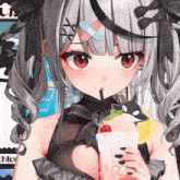 a girl with a bandage on her head drinks from a cup with a straw