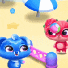a blue bear and a red bear are standing on a beach .