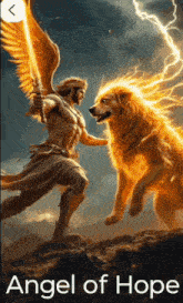 a painting of a man with wings holding a sword standing next to a dog with lightning coming from its tail