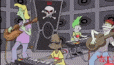 a group of cartoon characters are playing instruments in front of a wall with skulls and crossbones on it .