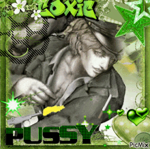 a picture of a man with the word pussy written in black