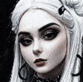 a close up of a woman 's face with long white hair and earrings .