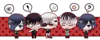 a group of anime characters are standing next to each other with speech bubbles around them