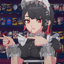 a girl in a maid outfit is pointing at something while smoking a cigarette