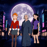 a cartoon of three women standing in front of a full moon with a sign that says ' g ' on it