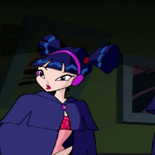 a cartoon character wearing a cape and headphones