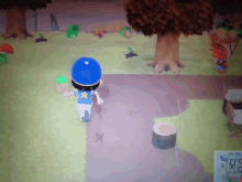 a person in a blue hat is walking down a path in a game