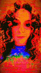 a colorful painting of a woman with curly hair and a blue shirt
