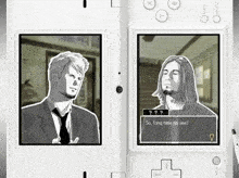two men are playing a game on a white nintendo ds