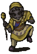 a pixel art of a person holding a cane and a ball .