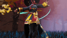 a video game character is dancing in a field