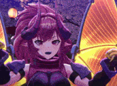 a close up of a cartoon character with purple hair