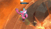 a pink and white cartoon character is flying through the air in a video game ..