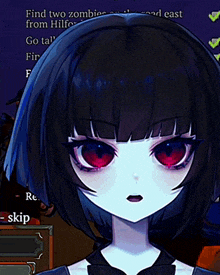 a girl with black hair and red eyes is in a video game where she is trying to find two zombies from hilfe