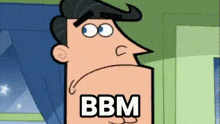 a cartoon man with a mustache is standing in front of a window with the word bbm written on his chest .