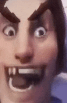 a close up of a cartoon character 's face with a surprised expression .