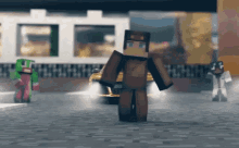 a group of minecraft characters are standing in front of a car