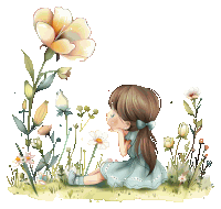 a little girl is sitting in a field of flowers and looking at a flower