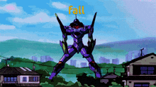 a purple robot with the word fall written on top of it