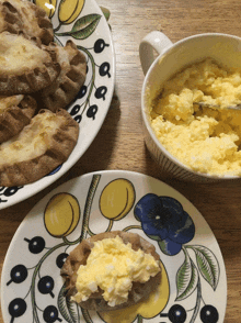 a plate with eggs on it next to a bowl of eggs