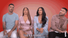a group of people sitting next to each other with one saying " let 's goooo "