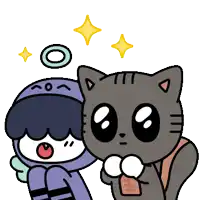 a cartoon drawing of a boy and a cat with yellow stars behind them
