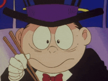 a cartoon character wearing a top hat and bow tie holds chopsticks