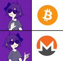 a girl wearing sunglasses is pointing at a bitcoin and a monero logo