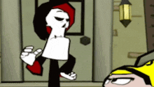 grim reaper from cartoon network is standing in front of a door holding a piece of paper .