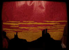 a woman in a red dress is standing in front of a red and yellow wall