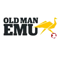 a logo for old man emu with a yellow bird on a white background