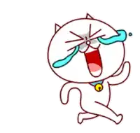 a cartoon cat with tears coming out of its eyes is running .