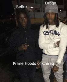 two men are standing next to each other and one of them is wearing a gsraw sweatshirt