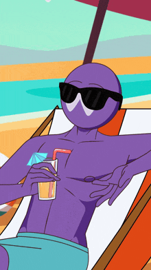 a cartoon character wearing sunglasses is sitting on a beach chair holding a drink