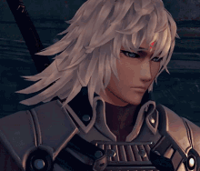 a close up of a video game character with a sword on his head