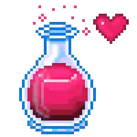 a pixel art illustration of a bottle with a pink heart coming out of it