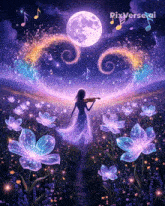 a painting of a girl playing a violin in a field of glowing flowers