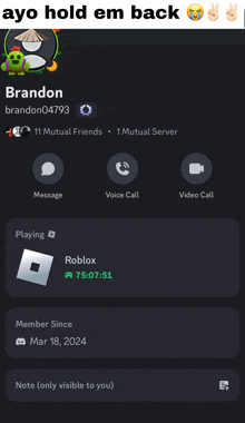 a screenshot of brandon 's roblox account with ayo hold em back at the top