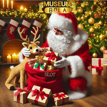 santa claus is holding a reindeer in front of a christmas tree and a slot sign