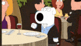 a cartoon dog sitting at a table with a glass of wine
