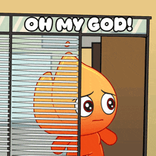 a cartoon character is standing in front of a sign that says oh my god on it