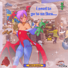 a cartoon of a woman holding a stuffed animal says i need to go to an ikea ....