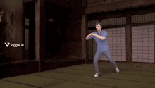 a man in a blue shirt is dancing in front of a sign that says " viggle.ai "