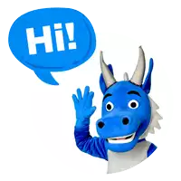 a blue dragon mascot waving with a speech bubble that says hi