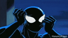 a close up of a cartoon character in a black and blue suit covering his face with his hands .