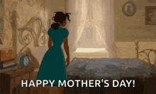 a woman in a blue dress is standing next to a bed in a bedroom and says `` happy mother 's day '' .