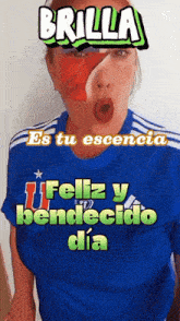 a woman wearing a blue shirt with the word brilla on top