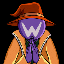 a cartoon of a wizard with a purple ball with a w on it