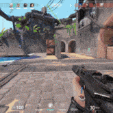 a person is holding a gun in a video game with a score of 30