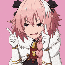 a girl with pink hair and white gloves is giving the thumbs up sign